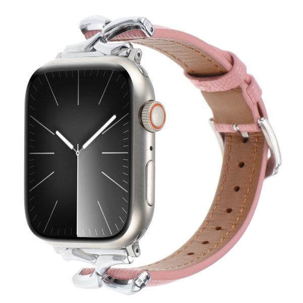 Apple Watch Series 41mm - 40mm - 38mm Watch Band Genuine Leather - Silver   Pink Hot on Sale