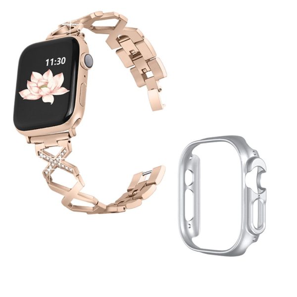 Apple Watch Ultra rhinestone décor stainless steel watch strap with silver cover - Gold Fashion