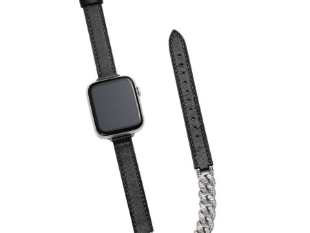 Apple Watch Series 49mm - 45mm - 44mm - 42mm Universal Watch Band Chain Leather Strap - Black Online