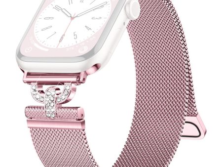 Apple Watch Series 9 41mm rhinestone S-shape milanese stainless steel strap - Rose Pink For Cheap