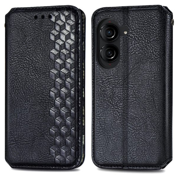 Asus Zenfone 10 leather case with a stylish rhombus imprint - Black For Discount