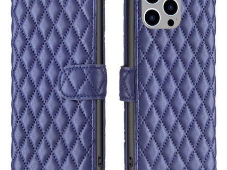 Rhombus pattern matte flip case for iPhone 15 Pro - Blue Cheap