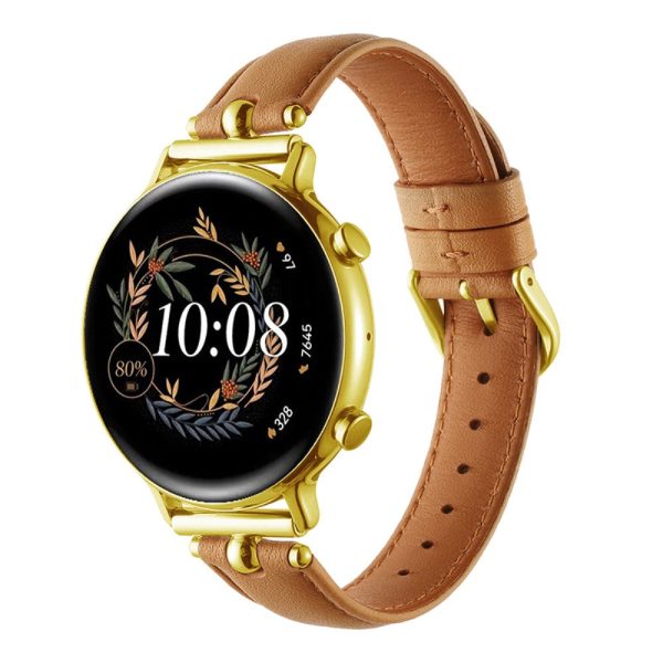 20mm Universal Smart Watch Band Genuine Cow Leather Strap Replacement - Khaki+Gold Buckle Buckle Sale