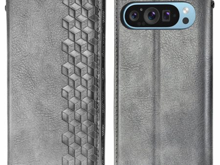 Google Pixel 9 Pro XL leather case with a stylish rhombus imprint - Grey Hot on Sale