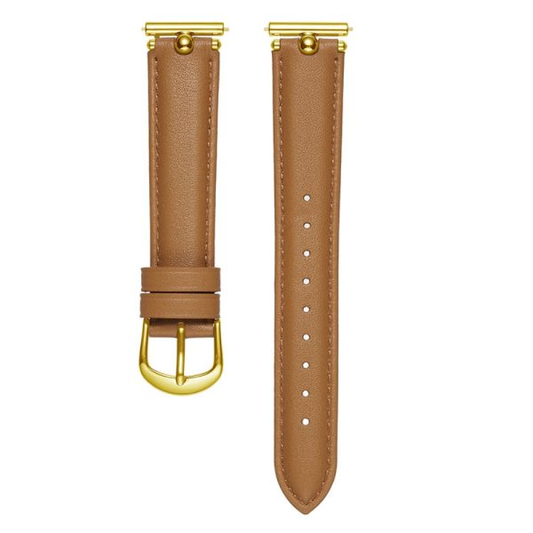 20mm Universal Smart Watch Band Genuine Cow Leather Strap Replacement - Khaki+Gold Buckle Buckle Sale