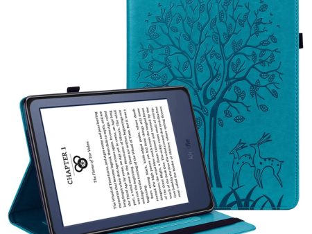 Amazon Kindle Paperwhite 6 (2022) Leather Tablet Case with Tree Deer Imprinted Stand Cover - Blue Sale