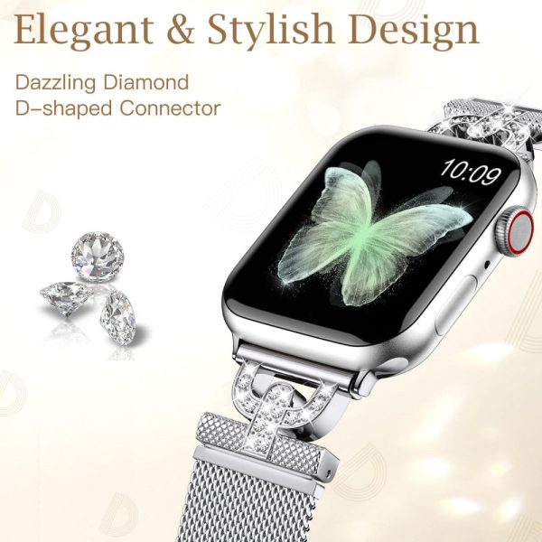 Apple Watch Series 9 45mm   Ultra 2 rhinestone S-shape milanese stainless steel strap - Silver Supply