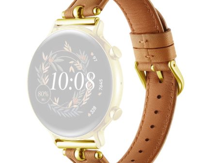 20mm Universal Smart Watch Band Genuine Cow Leather Strap Replacement - Khaki+Gold Buckle Buckle Sale