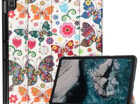 Pattern Printing Shockproof Hard Bump Resistant and Vegan Leather Tablet Cover with Tri-fold Stand Nokia T20 - Butterflies Online now