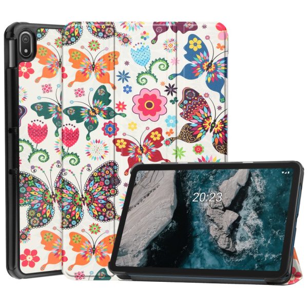 Pattern Printing Shockproof Hard Bump Resistant and Vegan Leather Tablet Cover with Tri-fold Stand Nokia T20 - Butterflies Online now